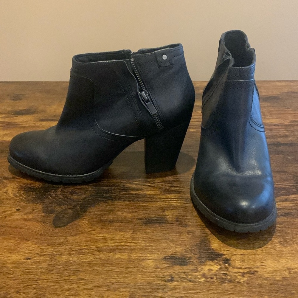 Clarks black leather moto style booties